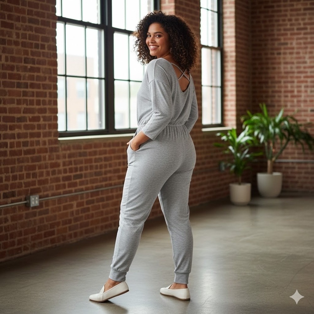 No Boundaries Womens 3X Heather Grey Crisscross Back Knit Fleece Jumpsuit NWT